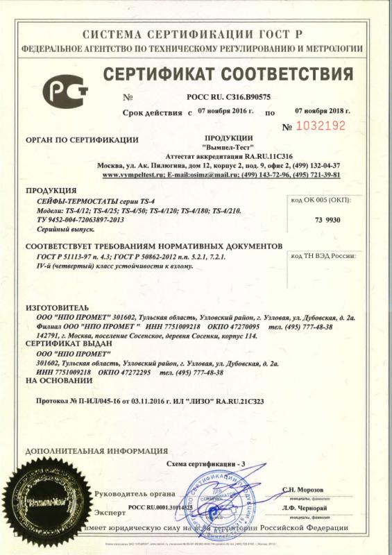 Сертификат взломостойкости термостата серии TS-4